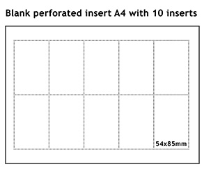 Perforated A4 sheet with 10 inserts for plastic pockets